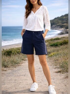 Eddie Bauer Juniper Rip Stop Embroidered Shorts ~ Navy Blue ~ Size 12 ~ NWT